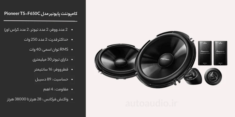 کامپوننت 6 تکه پایونیر مدل Pioneer TS-F650C شامل: 2عدد ووفر 2 عدد تیوتر 2 عدد کراس آوور